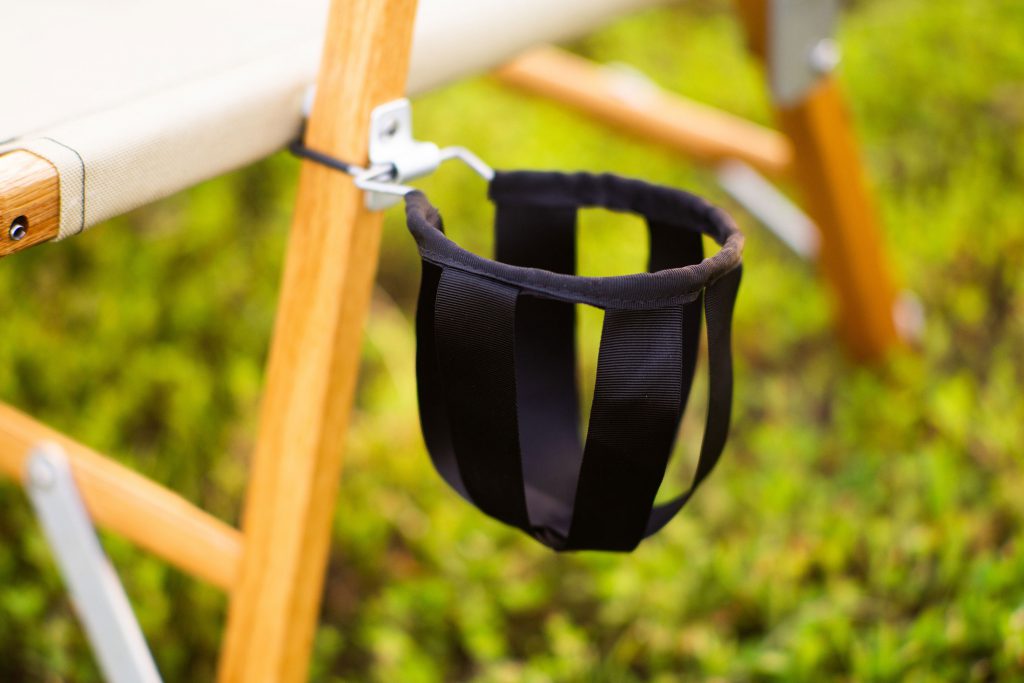 Kermit Chair Cup Holder mounted on oak classic chair glamping camping luxury portable furniture