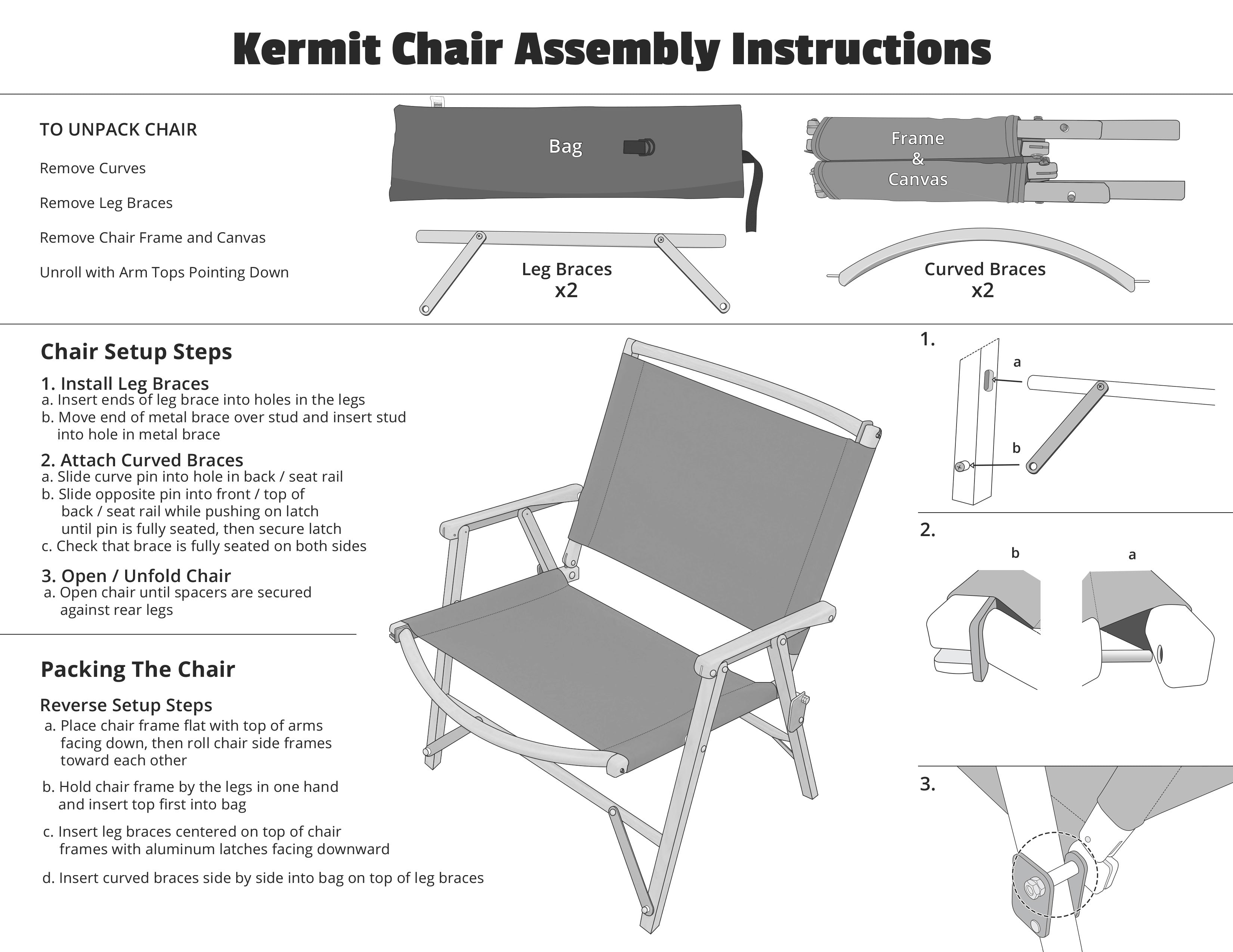 Assembly and disassembly instructions manual PDF in English for a Kermit Chair the original classic camping glamping furniture handmade in the USA