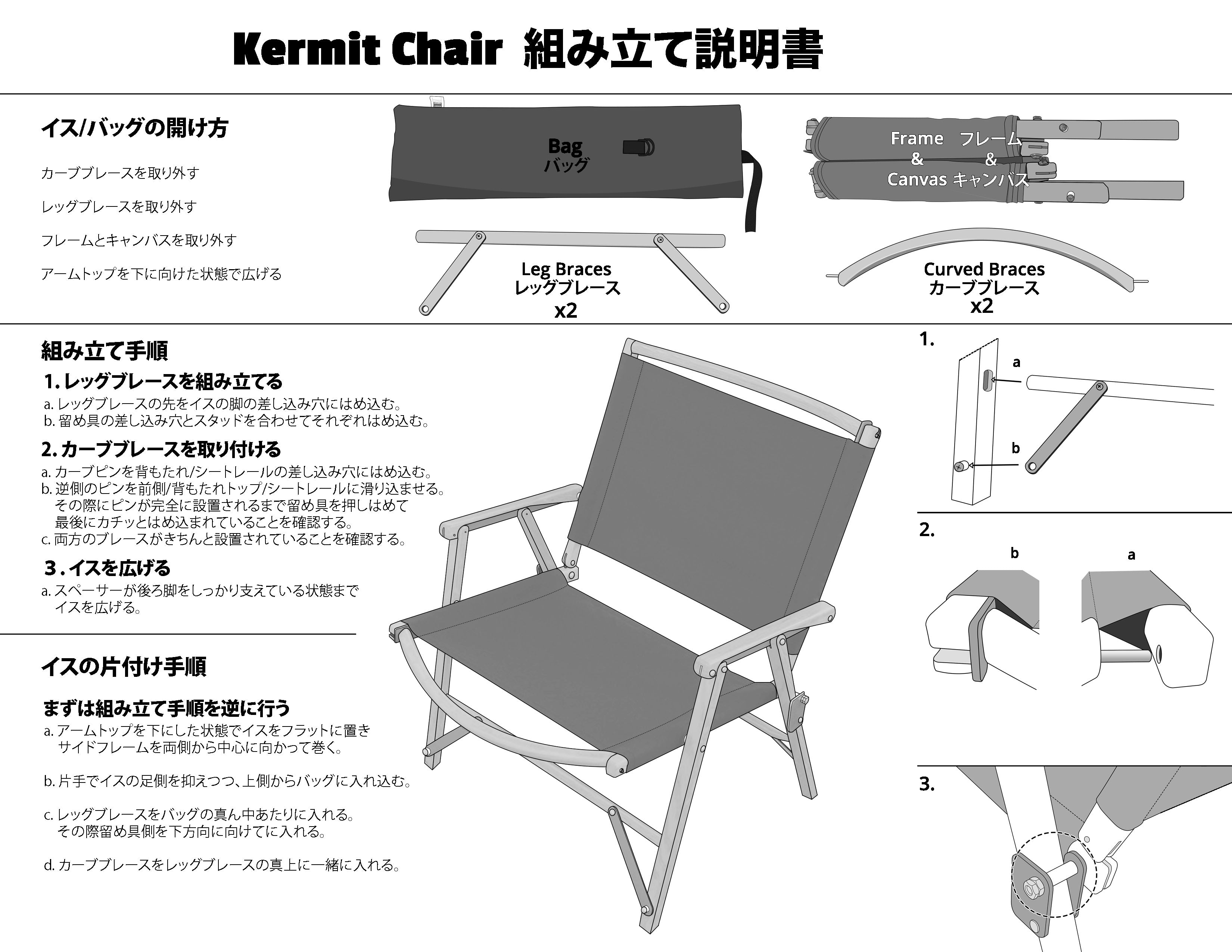Assembly and disassembly instructions manual PDF in Japanese for a Kermit Chair the original classic camping glamping furniture handmade in the USA