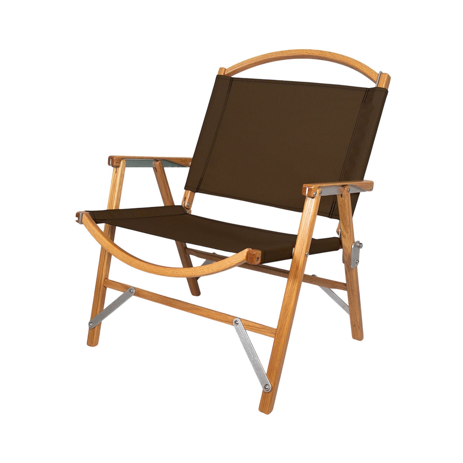 Product shot for brown canvas kermit chair folding camping chair, classic width, standard height, with an American white oak handmade wooden frame, made in the USA.