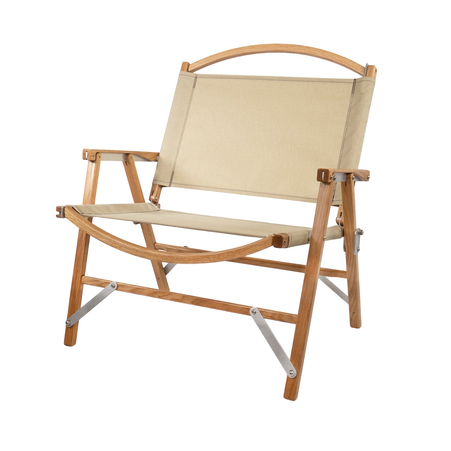 Product shot for tan canvas kermit chair camping folding chair, wide edition, standard height, with an American white oak handmade wooden frame, made in the USA.
