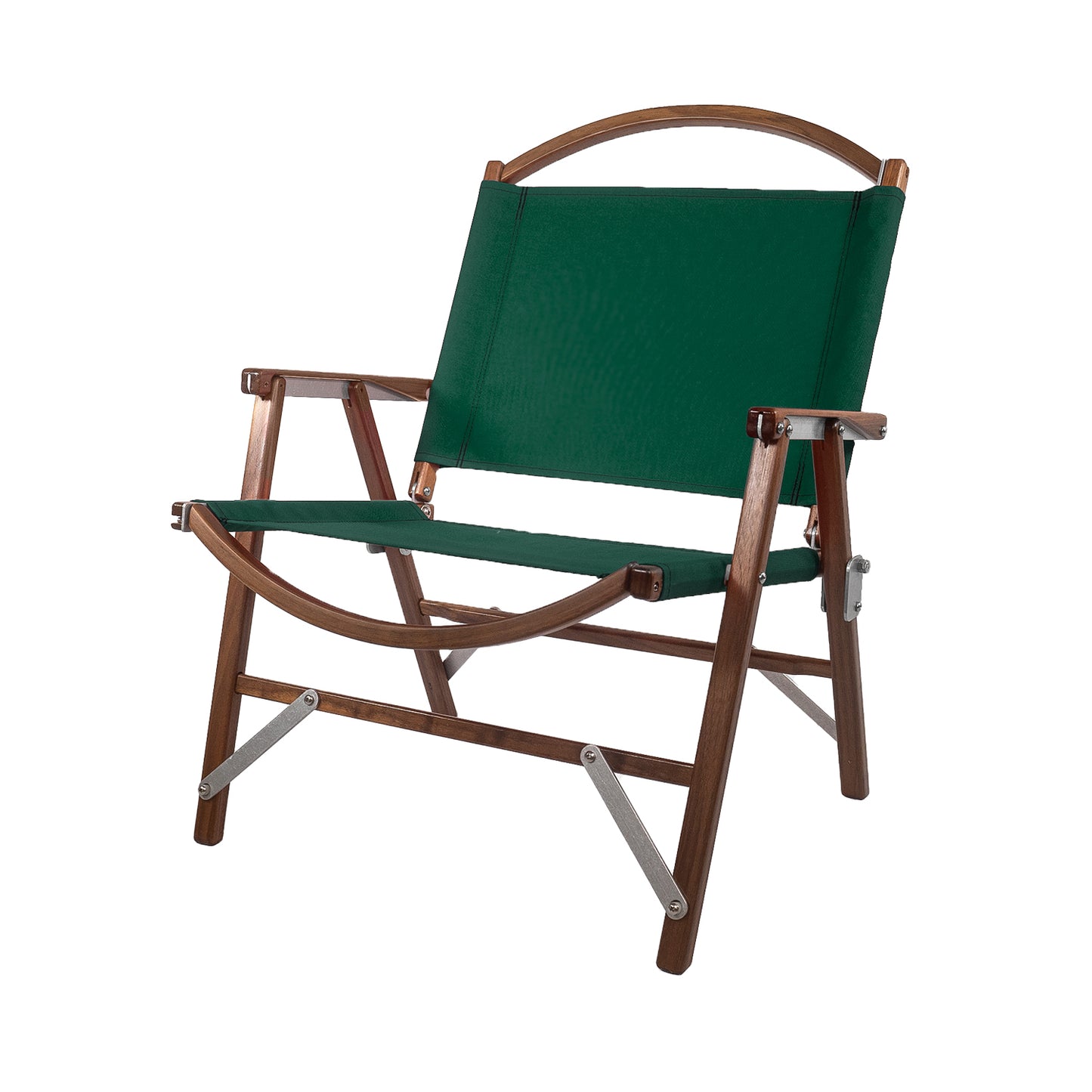 Product shot of a green canvas kermit chair camping folding chair, standard width, standard height, with a luxury American black walnut handmade wooden frame, made in the USA.