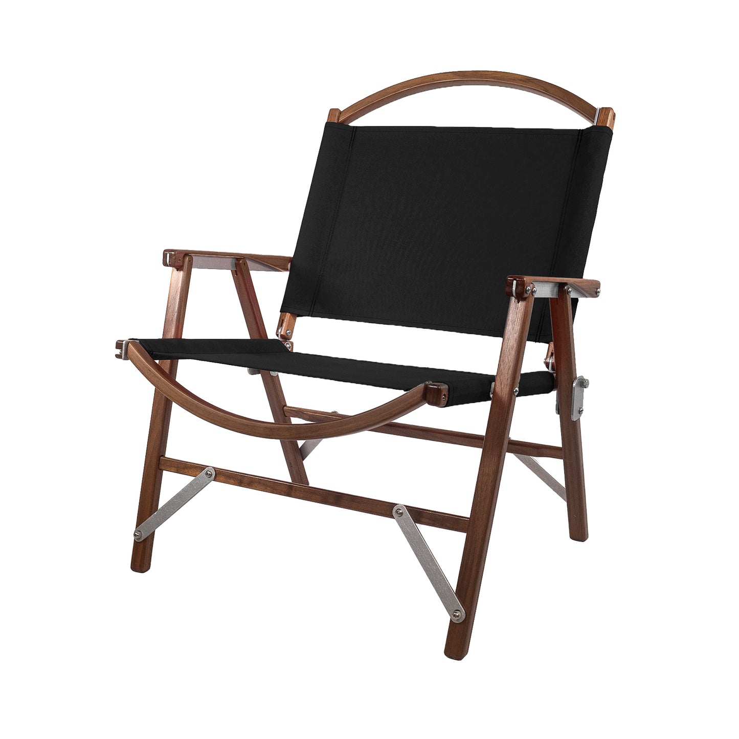 Product shot of a black canvas kermit chair camping folding chair, standard width, standard height, with a luxury American black walnut handmade wooden frame, made in the USA.