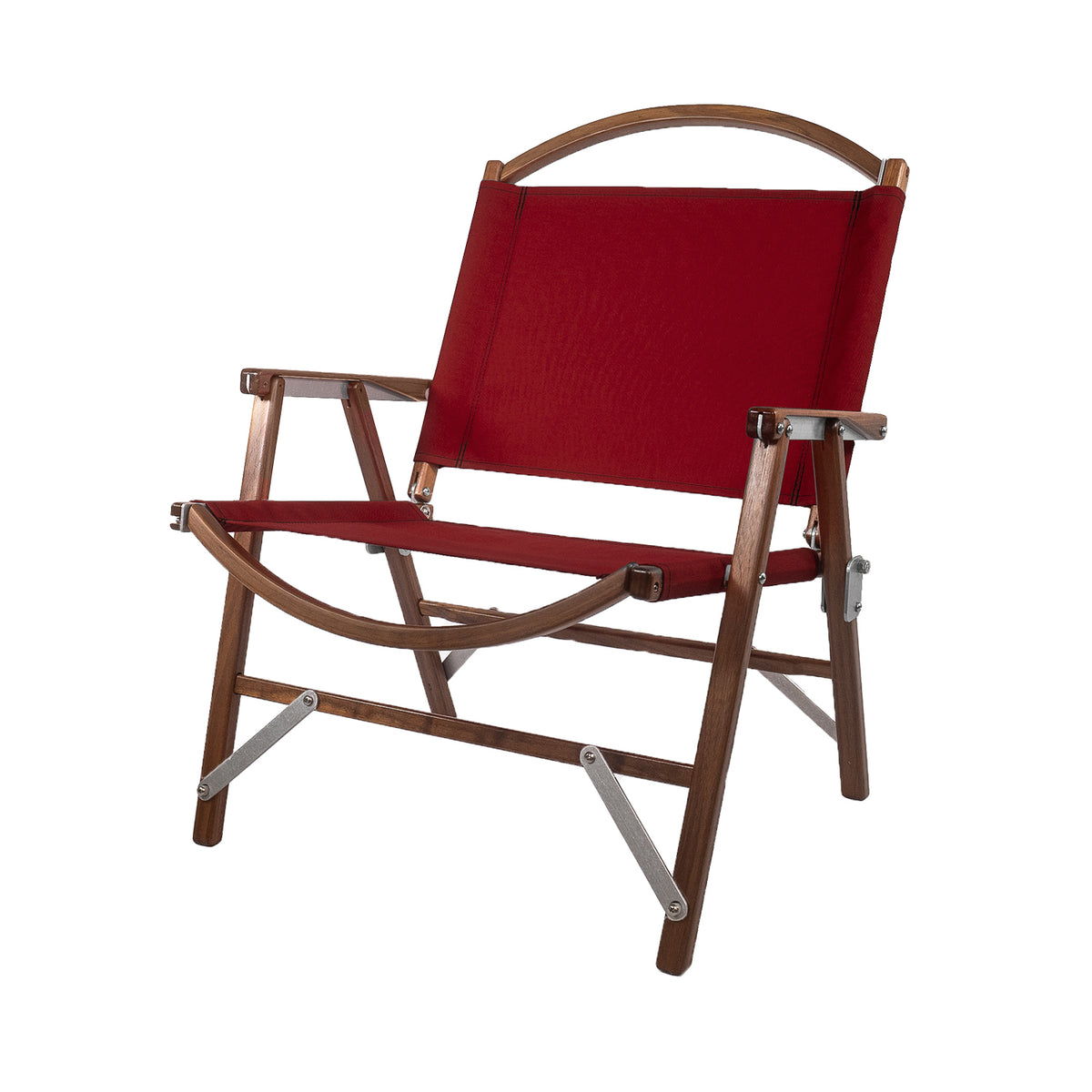 Product shot of a burgundy canvas kermit chair camping folding chair, standard width, standard height, with a luxury American black walnut handmade wooden frame, made in the USA.