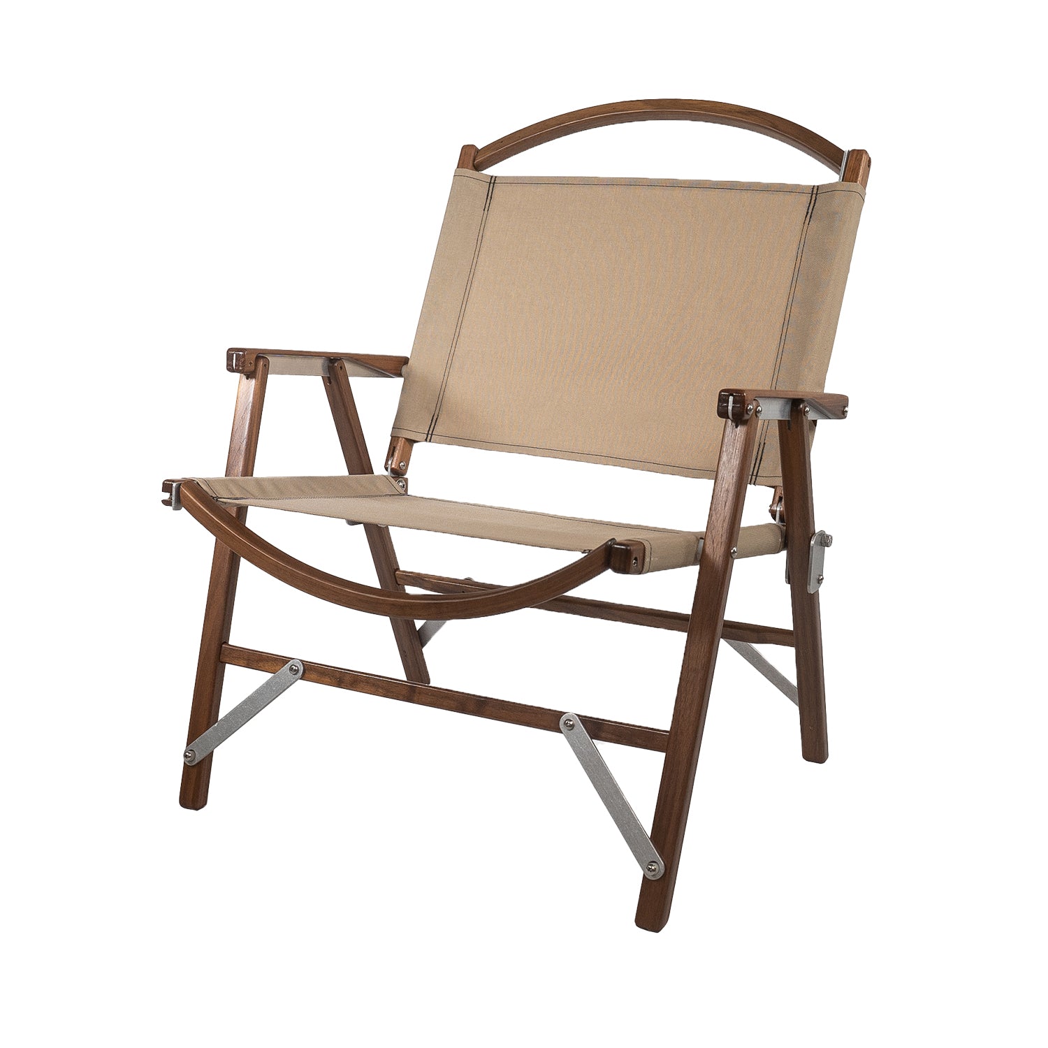 Product shot of a tan canvas kermit chair camping folding chair, standard width, standard height, with a luxury American black walnut handmade wooden frame, made in the USA.