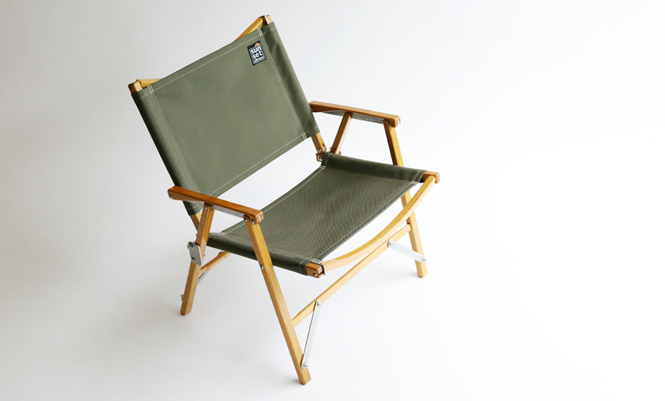 Sunset Climax Kermit Chair Company collaboration camping chair Olive fabric portable packable glamping luxury furniture oak heavy duty nylon handmade in the USA