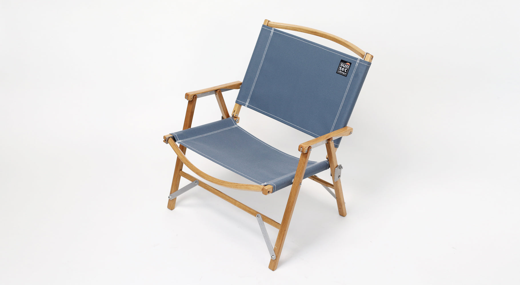 Sunset Climax Kermit Chair collaboration chair Japanese classic oak in sky blue with white stitching wooden camping glamping handmade luxury outdoor furniture handmade in the USA