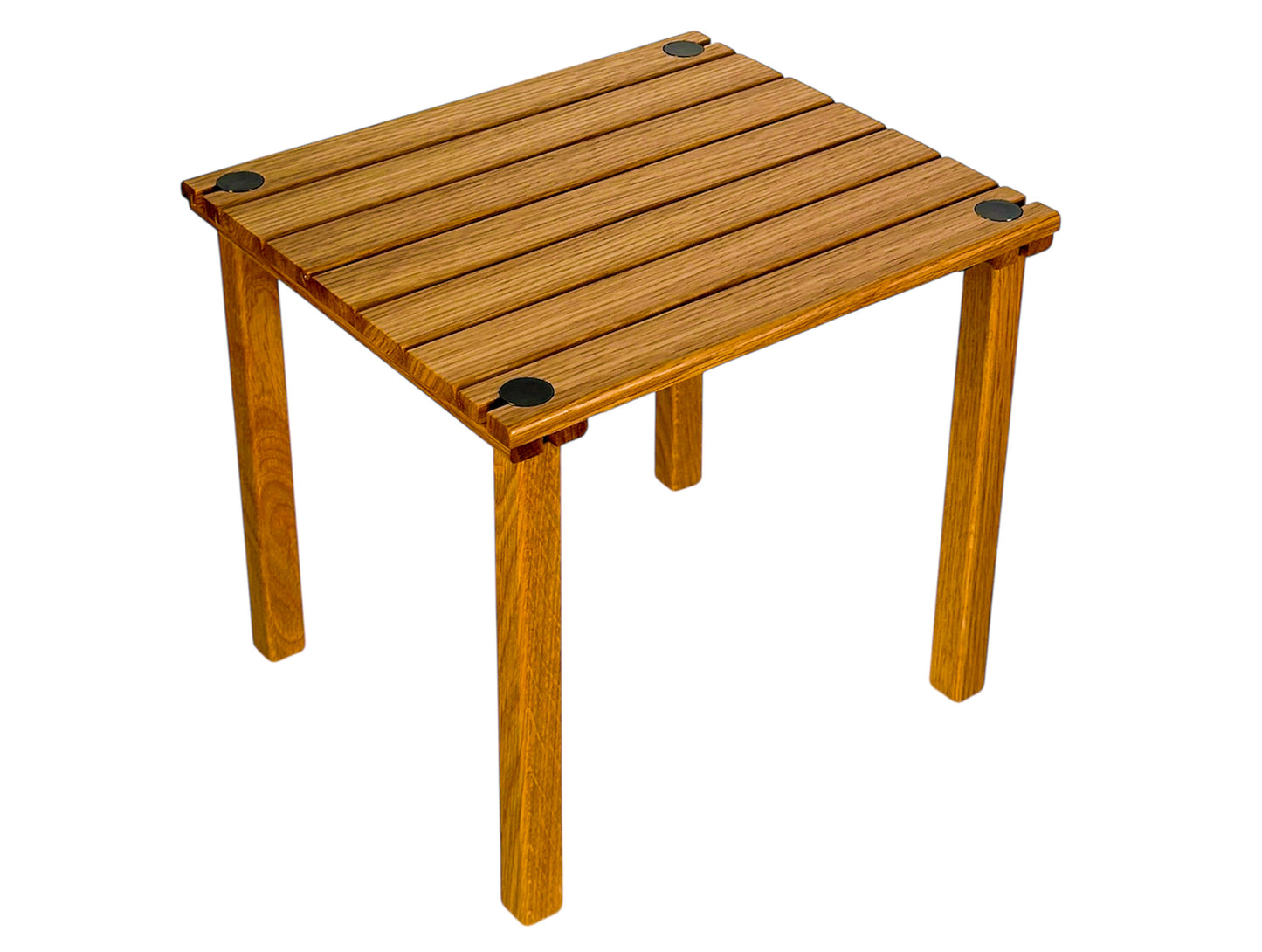 Wooden side table with slatted top made of Oak collapsible for indoor and outdoor use.