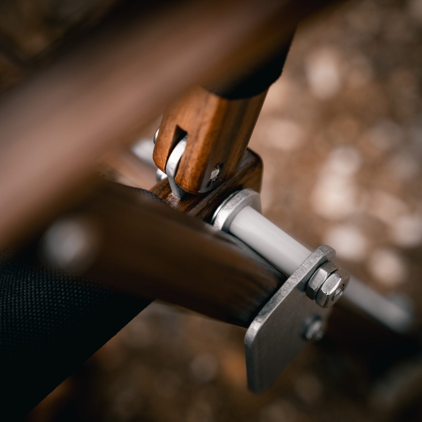 close up shot of seat pivot and aluminium plate iconic kermit chair camping glamping luxury furniture handmade in the USA